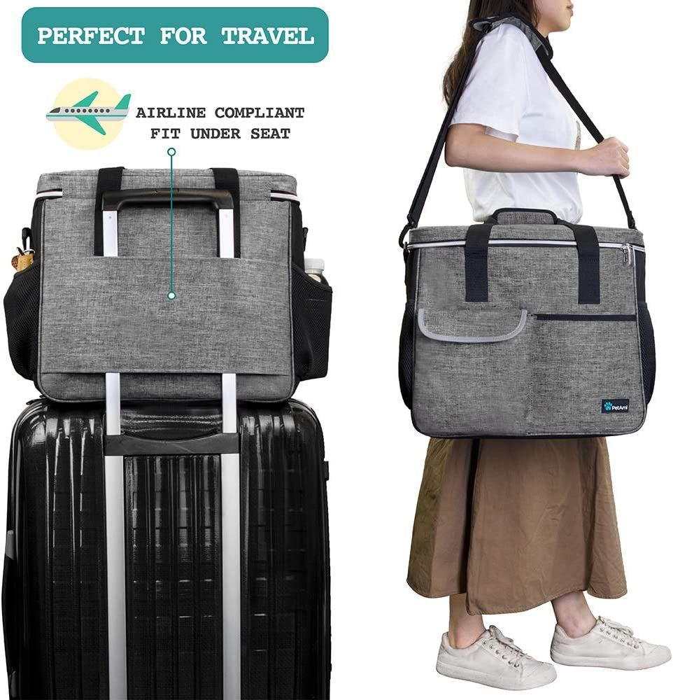 Petami Dog Travel Bag Organizer, Pet Supplies Tote Diaper Bag, Gray Large | Pet Travel Kit with 2 Food Containers & 2 Collapsible Dog Bowls, Luggage Sleeve, Weekend Getaway Road Trip Camping Essentials