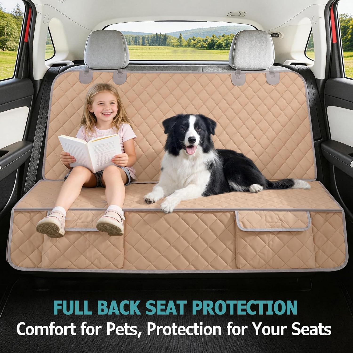 Bark Lover Dog Car Seat Cover for Back Seat Waterproof Backseat Protector, Nonslip Rear Seat Cover for Kids,Universal Size Fits Cars Trucks Suvs (Beige)