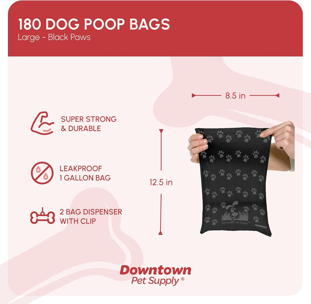 Downtown Pet Supply Poop Bags for Dogs with Dispenser, 180 Count - Leak-Proof Dog Waste Bags and Bone-Shaped Dog Poop Bags Holder for Leash - Black with Paw Prints, 12.5" X 8.5"