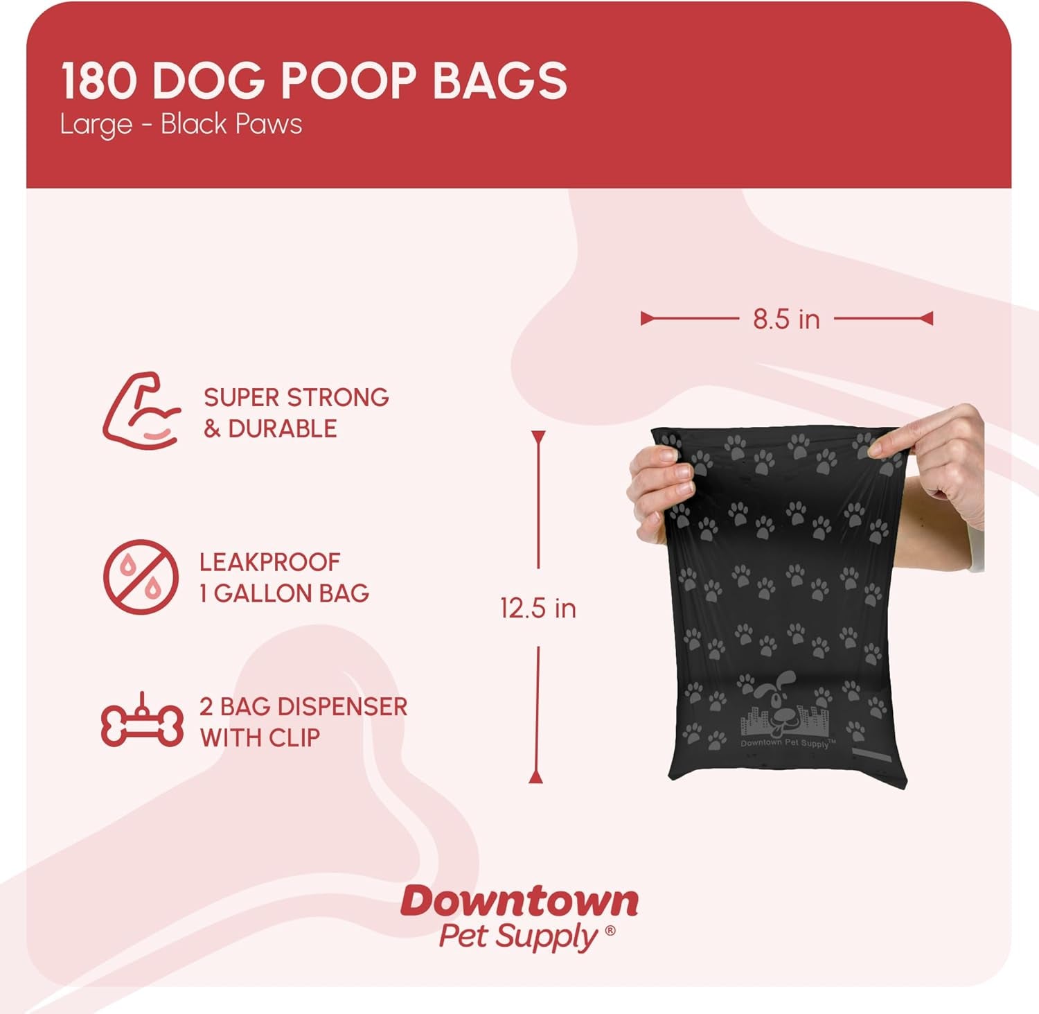 Downtown Pet Supply Poop Bags for Dogs with Dispenser, 180 Count - Leak-Proof Dog Waste Bags and Bone-Shaped Dog Poop Bags Holder for Leash - Black with Paw Prints, 12.5" X 8.5"