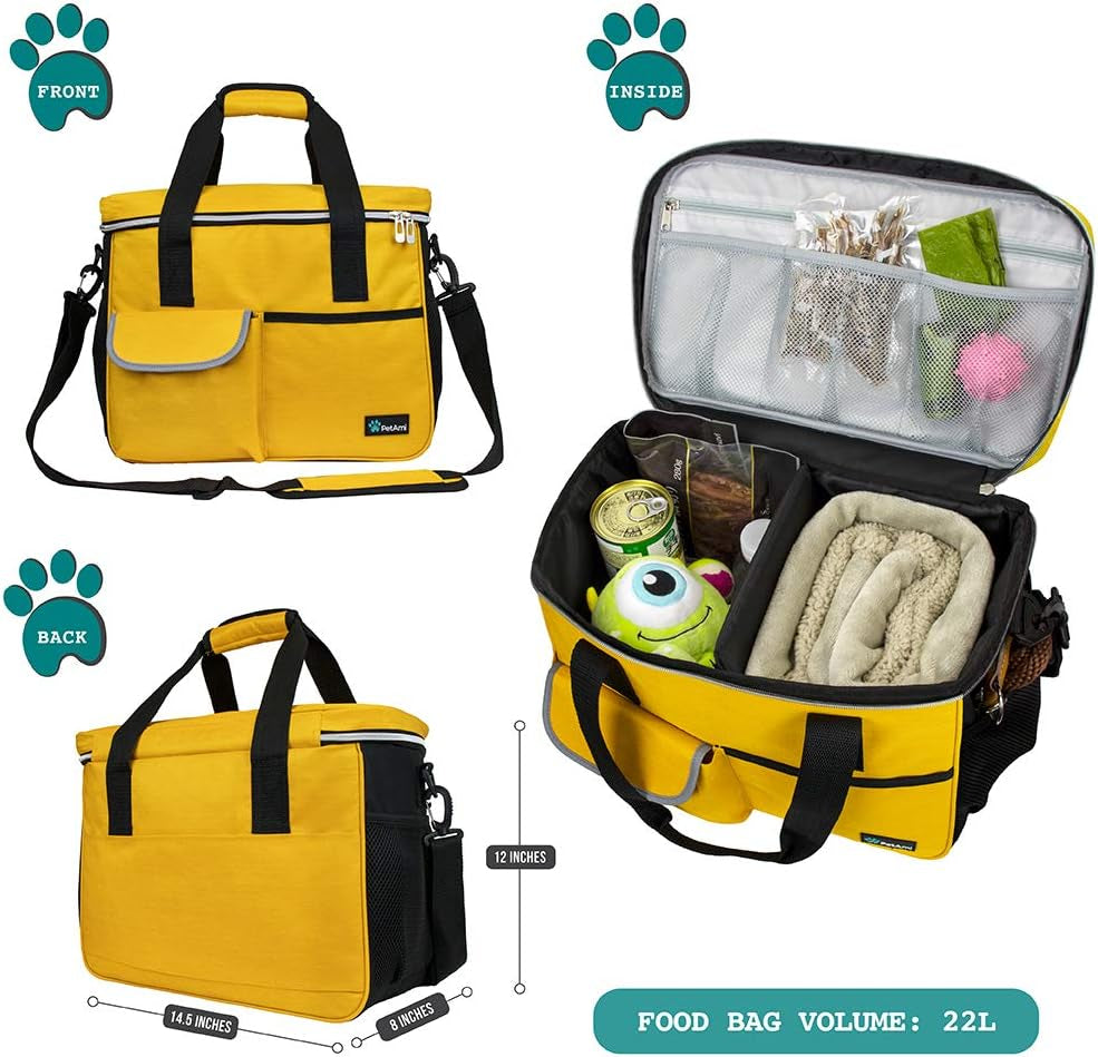 Petami Dog Travel Bag Organizer, Pet Supplies Diaper Tote, Yellow Medium | Pet Travel Kit with 2 Food Containers & 2 Collapsible Dog Bowls, Luggage Sleeve, Weekend Getaway Road Trip Camping Essentials