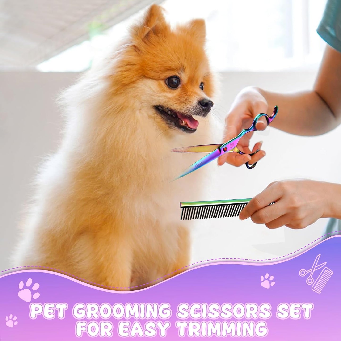 Professional Dog Grooming Scissors Set, 7 Inch/8 Inch Pet Grooming Scissors Chunkers Shears for Dog, Curved Dog Grooming Scissors, Thinning Shears for Dog with Grooming Comb | Pet Grooming Chunkers Shears for Dog, Curved Dog Grooming Scissors, Thinning Sh