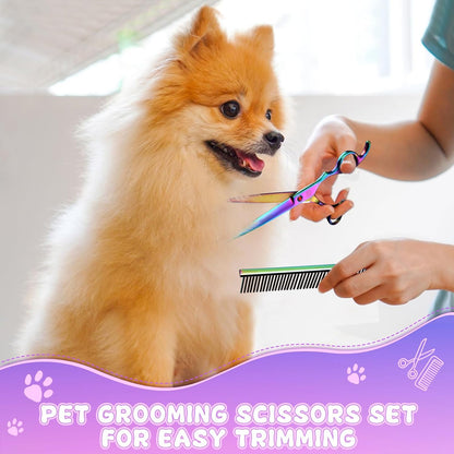 Professional Dog Grooming Scissors Set, 7 Inch/8 Inch Pet Grooming Scissors Chunkers Shears for Dog, Curved Dog Grooming Scissors, Thinning Shears for Dog with Grooming Comb | Pet Grooming Chunkers Shears for Dog, Curved Dog Grooming Scissors, Thinning Sh